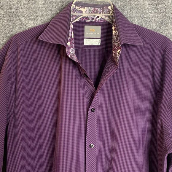 Thomas Dean Button Up Shirt Men Size XL Purple Check Flip Cuff ￼Pima Cotton - Picture 2 of 11